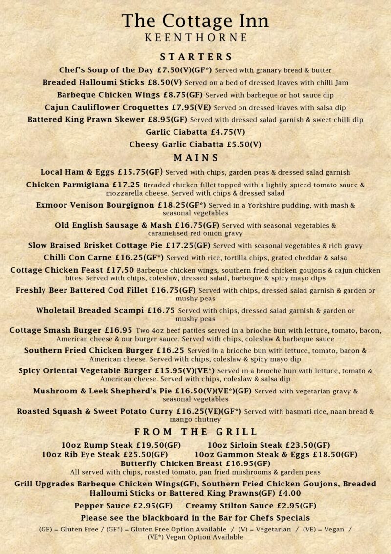 Menus - The Cottage Inn