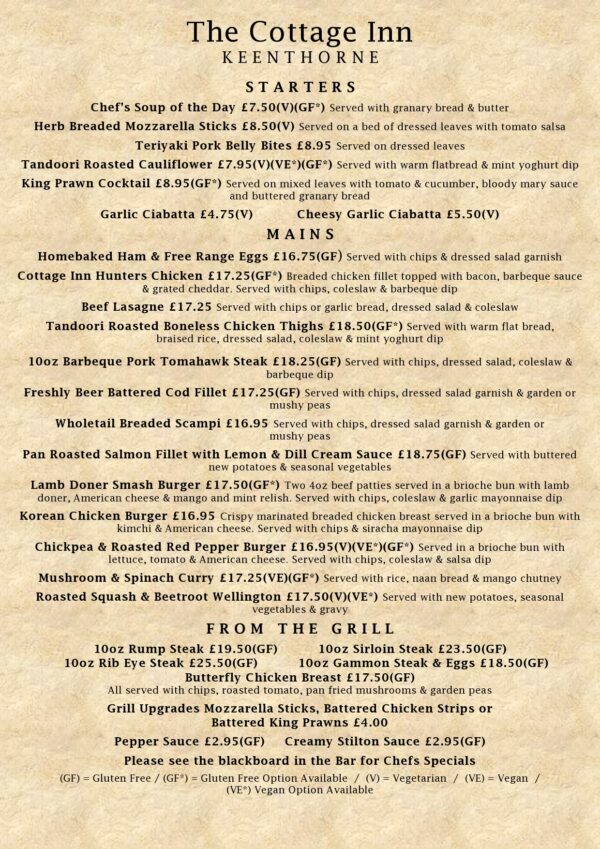 Staghunters Inn Menu Menus - The Cottage Inn